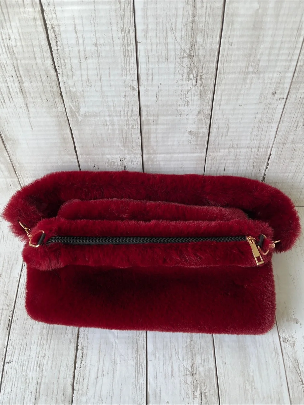 Burgundy Faux Fur Tote Shoulder Bag Fuzzy Plush Gold Hardware NWOT